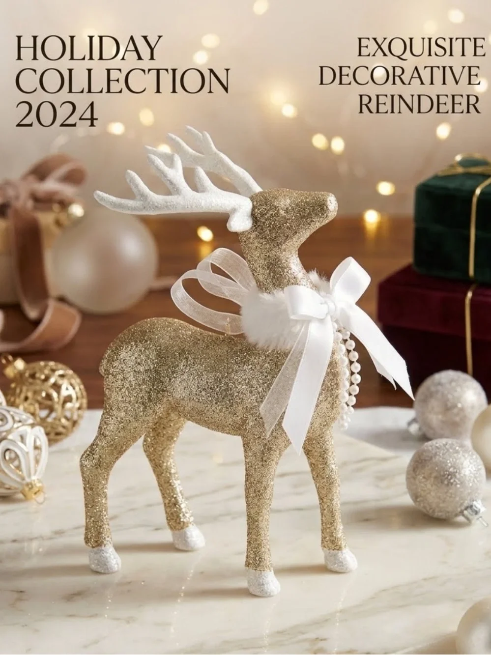Elegant Gold Glitter Reindeer Figurine Holiday Decor White Ribbon Pearl & Fur